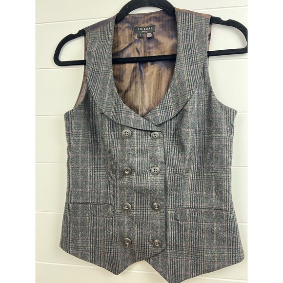 Ted Baker wool vest womens size 1 plaid size small welt pocket double breasted